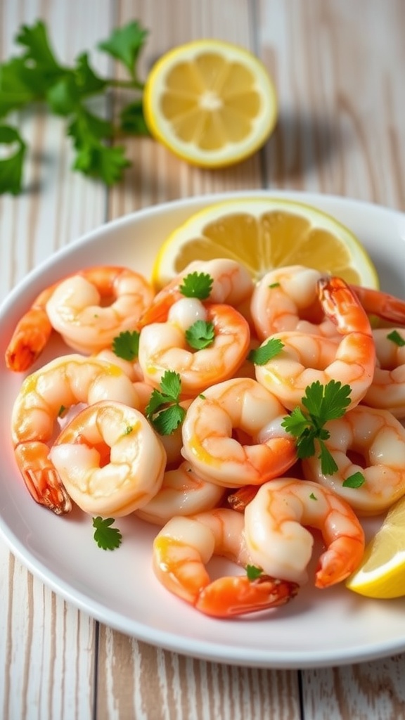 Quick and Easy Air Fryer Shrimp Recipe Juicy air fryer shrimp garnished with parsley and lemon wedges on a rustic wooden table.